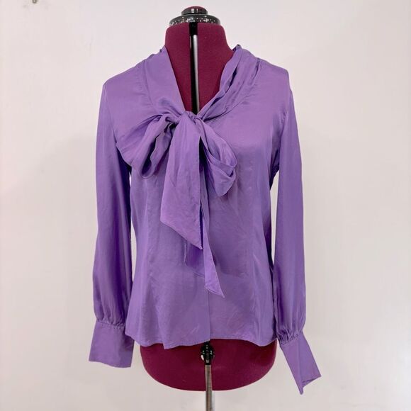 Jones NY Silk Satin Purple Bow Flutter Silk Blouse Fall Long-Sleeved sz 4 - Picture 1 of 13